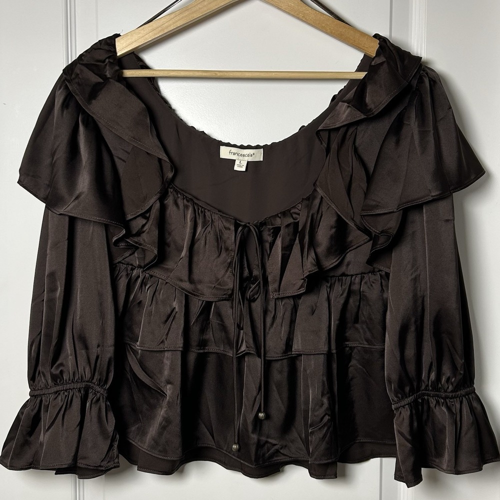 Francesca's Choc Brown Ruffle Tiered Satin Tie Front Blouse Dark Coquette Style